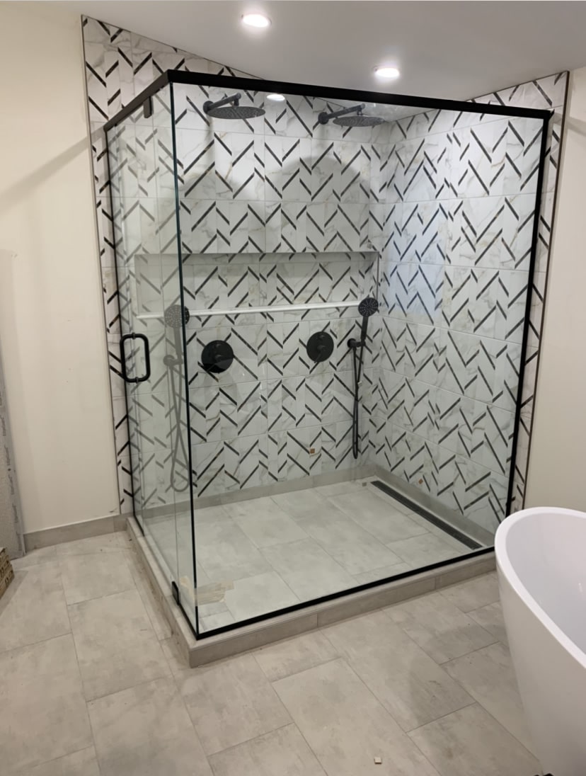 Shower glass with chrome hardware