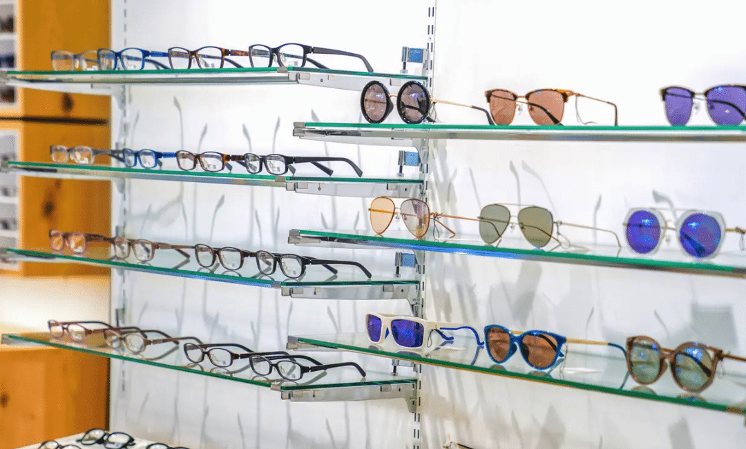 Glass shelving in a retail store