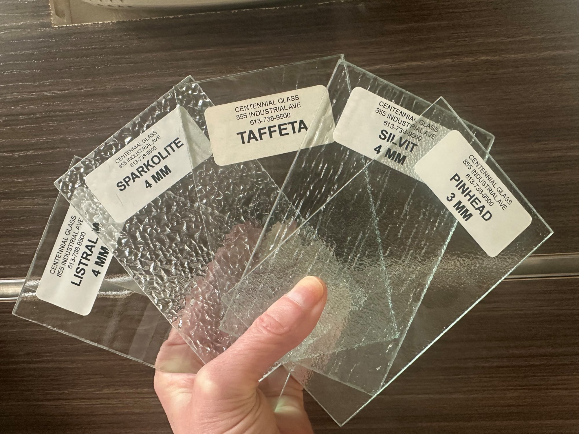 Textured glass samples in the Centennial Glass showroom